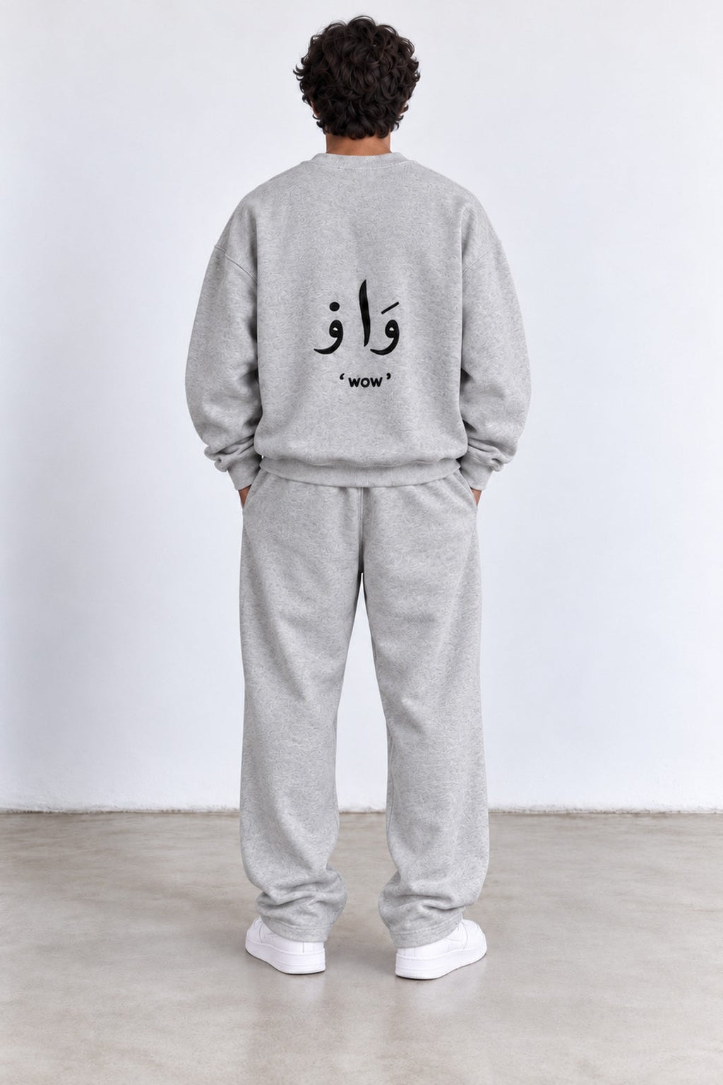 Classic Set in Grey, back view with the Arabic back print