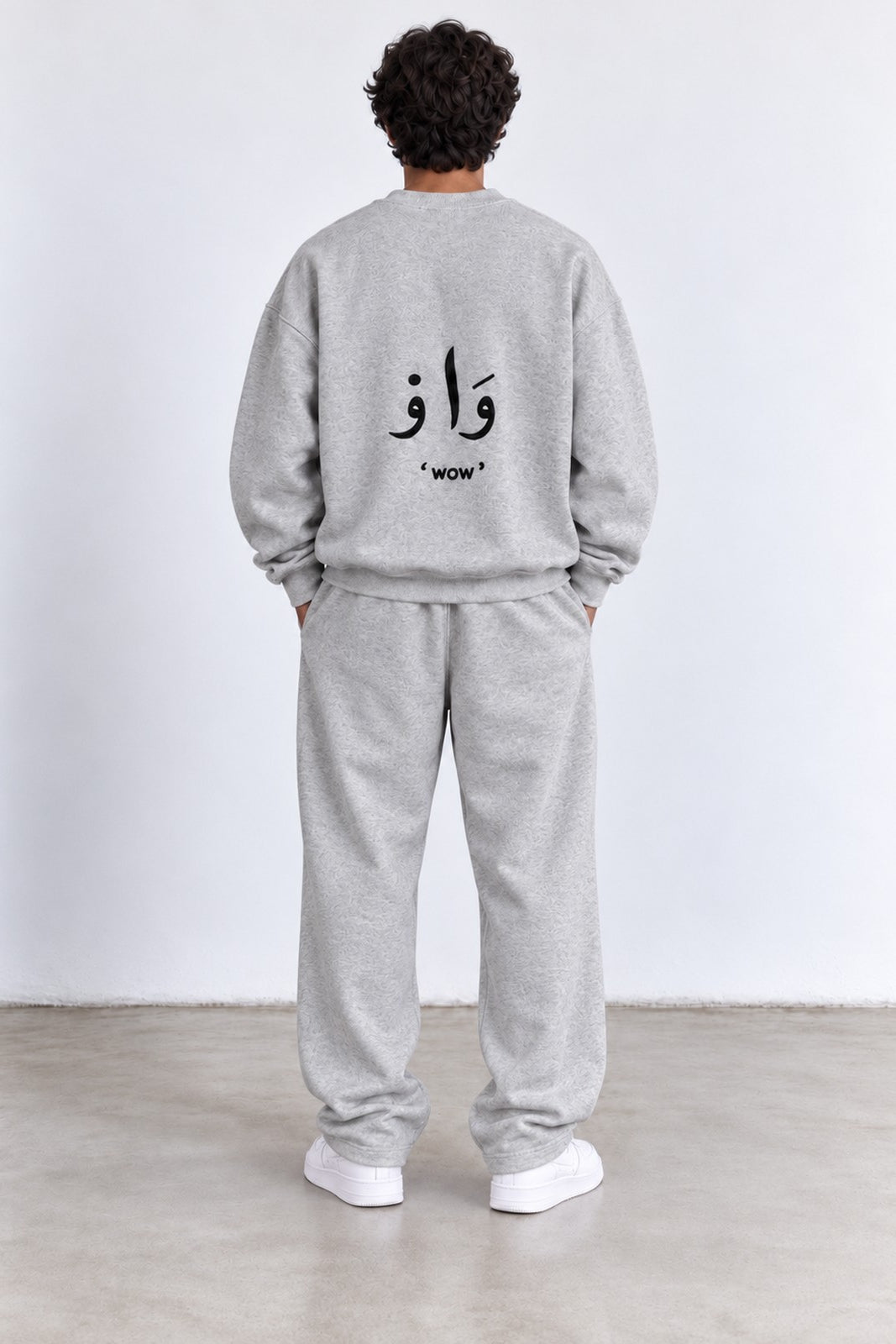 Classic Set in Grey, back view with the Arabic back print