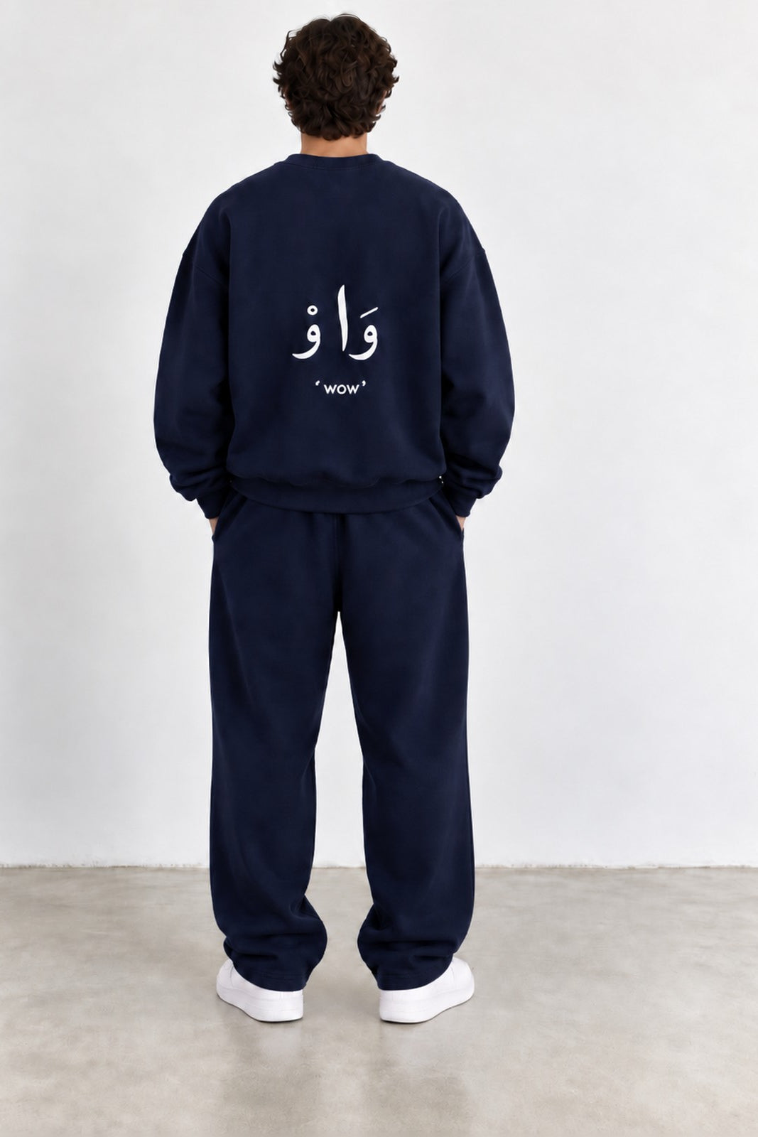 Classic Set in Navy, back view with the Arabic back print