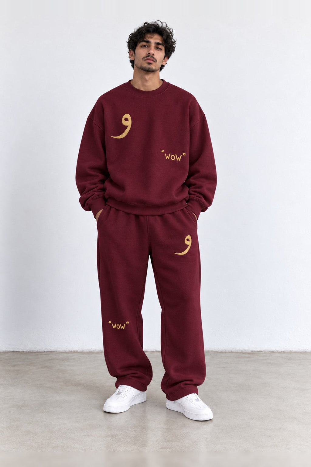 Classic Set in Maroon, front view with the Arabic letter on the chest and leg