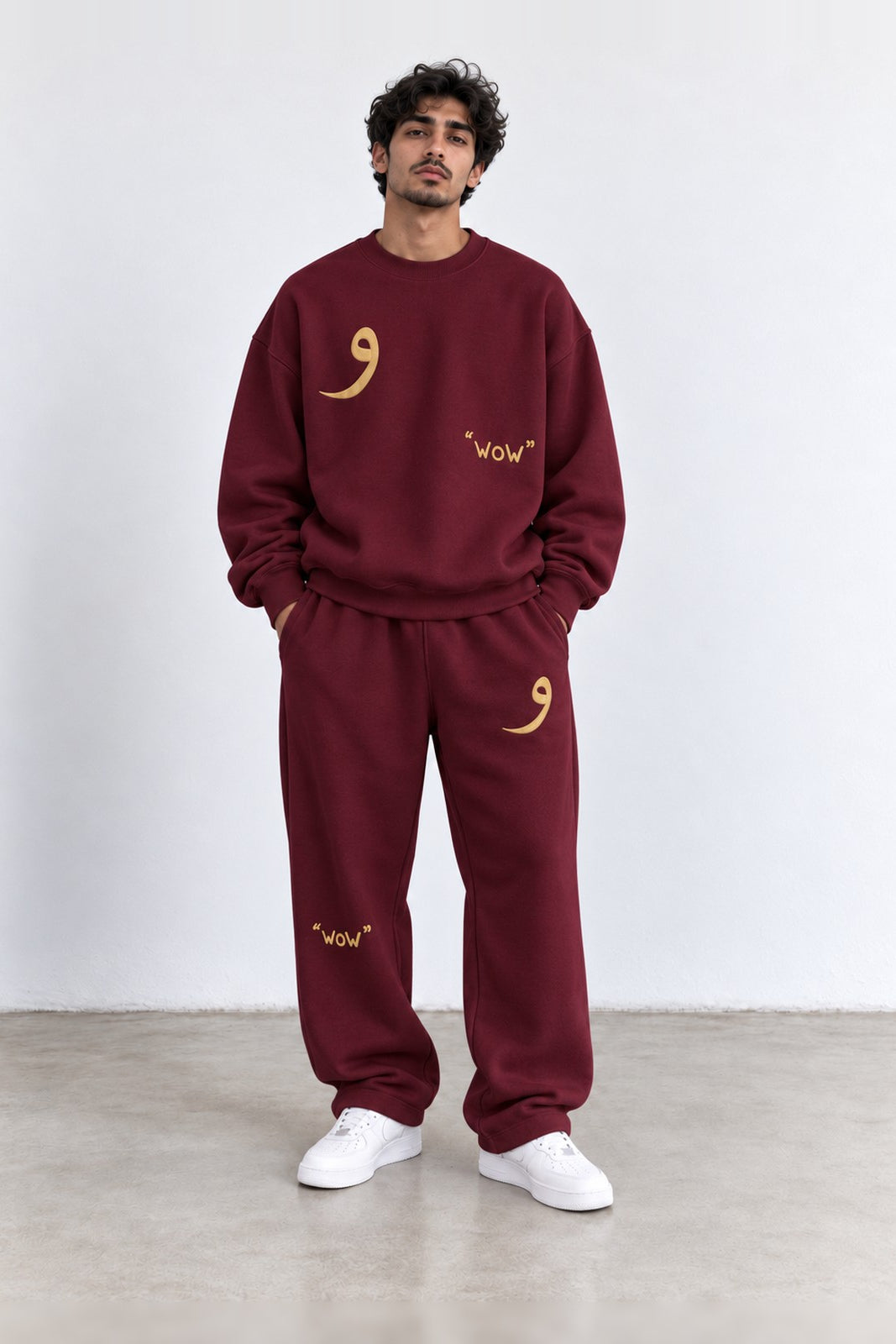 Classic Set in Maroon, front view with the Arabic letter on the chest and leg