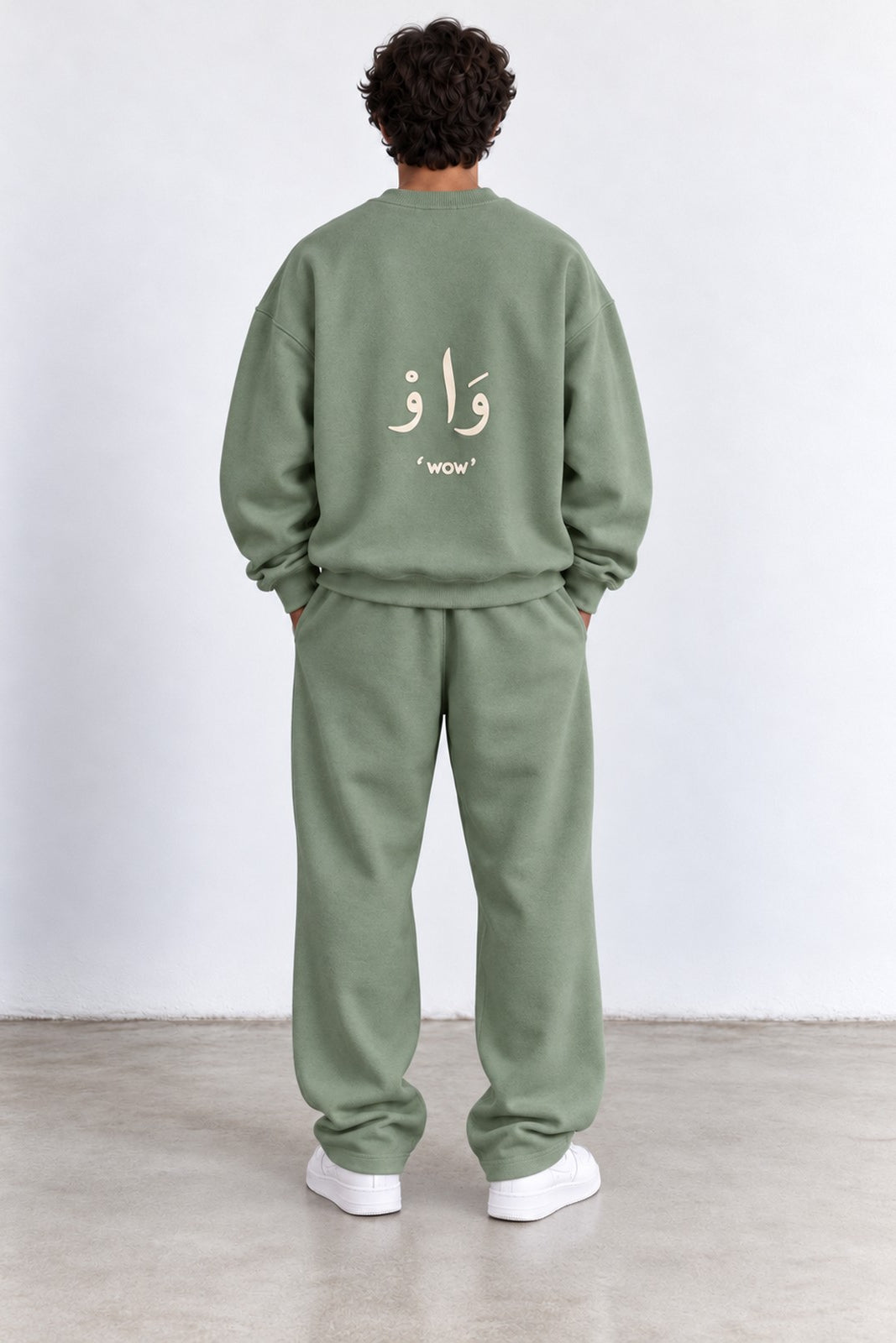 Classic Set in Green, back view with the Arabic back print
