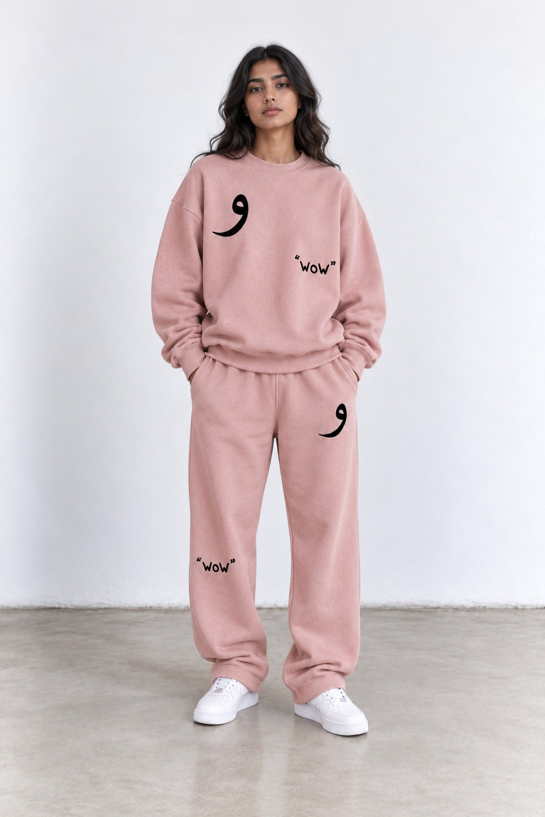 Classic Set in Pink, front view with the Arabic letter on the chest and leg