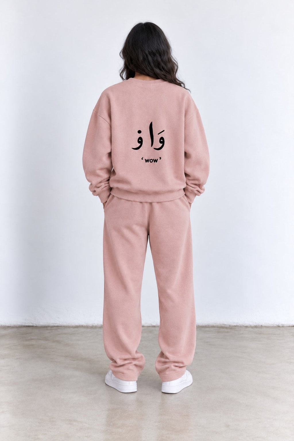 Classic Set in Pink, back view with the Arabic back print