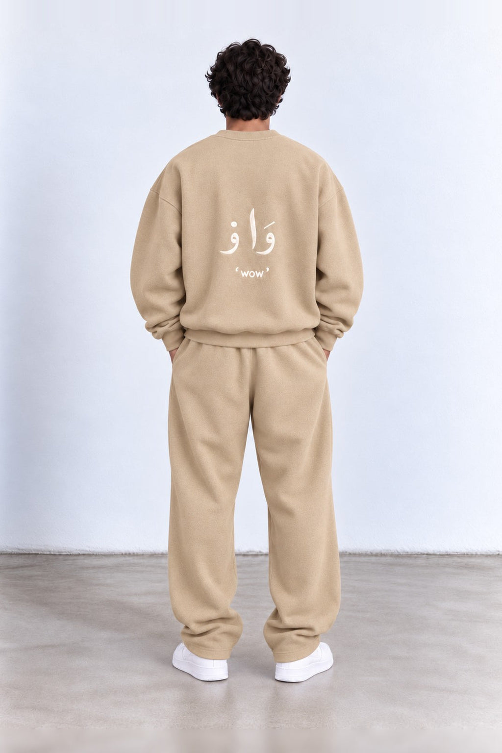 Classic Set in Beige, back view with the Arabic back print