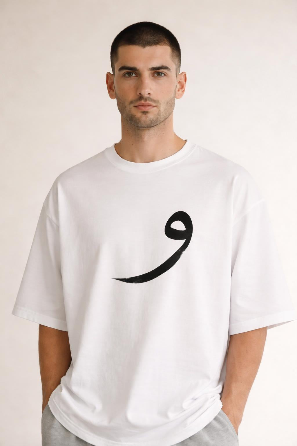 Close-up of the model wearing Classic Handwritten Tee White