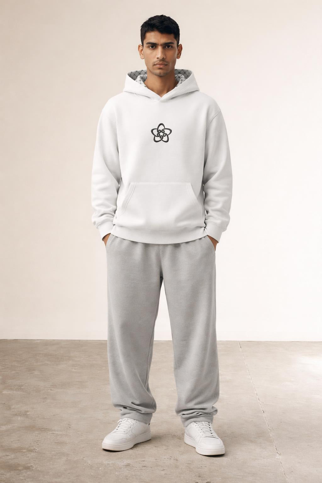 Full body view of the model wearing Keffiyeh Hoodie