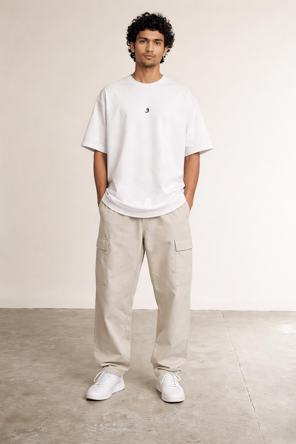 Full body view of the model wearing Mini Logo Tee White
