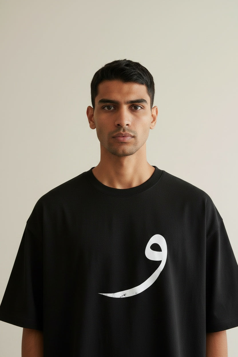 Close-up of the model wearing Classic Handwritten Tee Black
