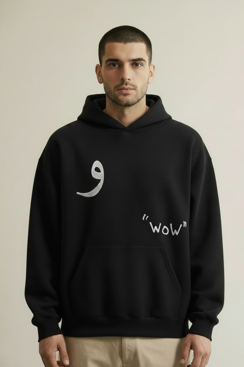 Close-up of the model wearing Classic Hoodie Black