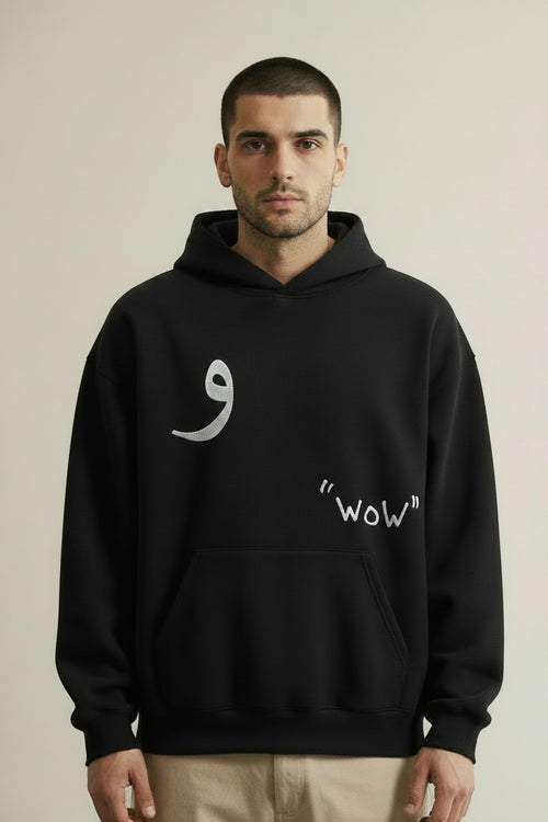 Close-up of the model wearing Classic Hoodie Black