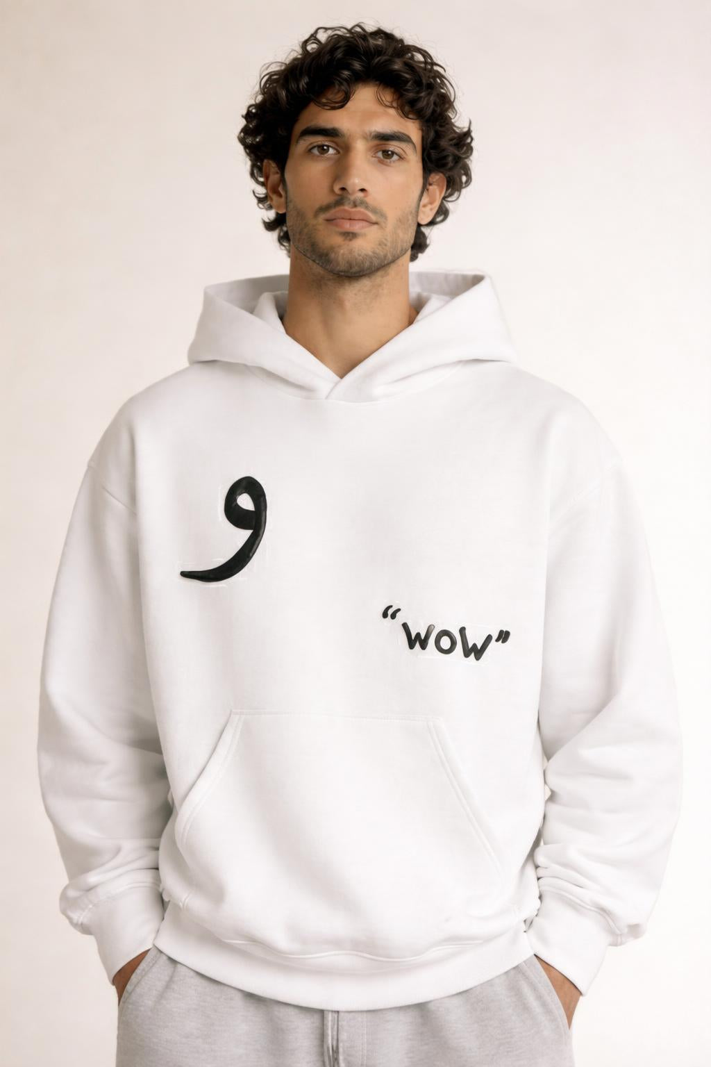 Close-up of the model wearing Classic Hoodie White