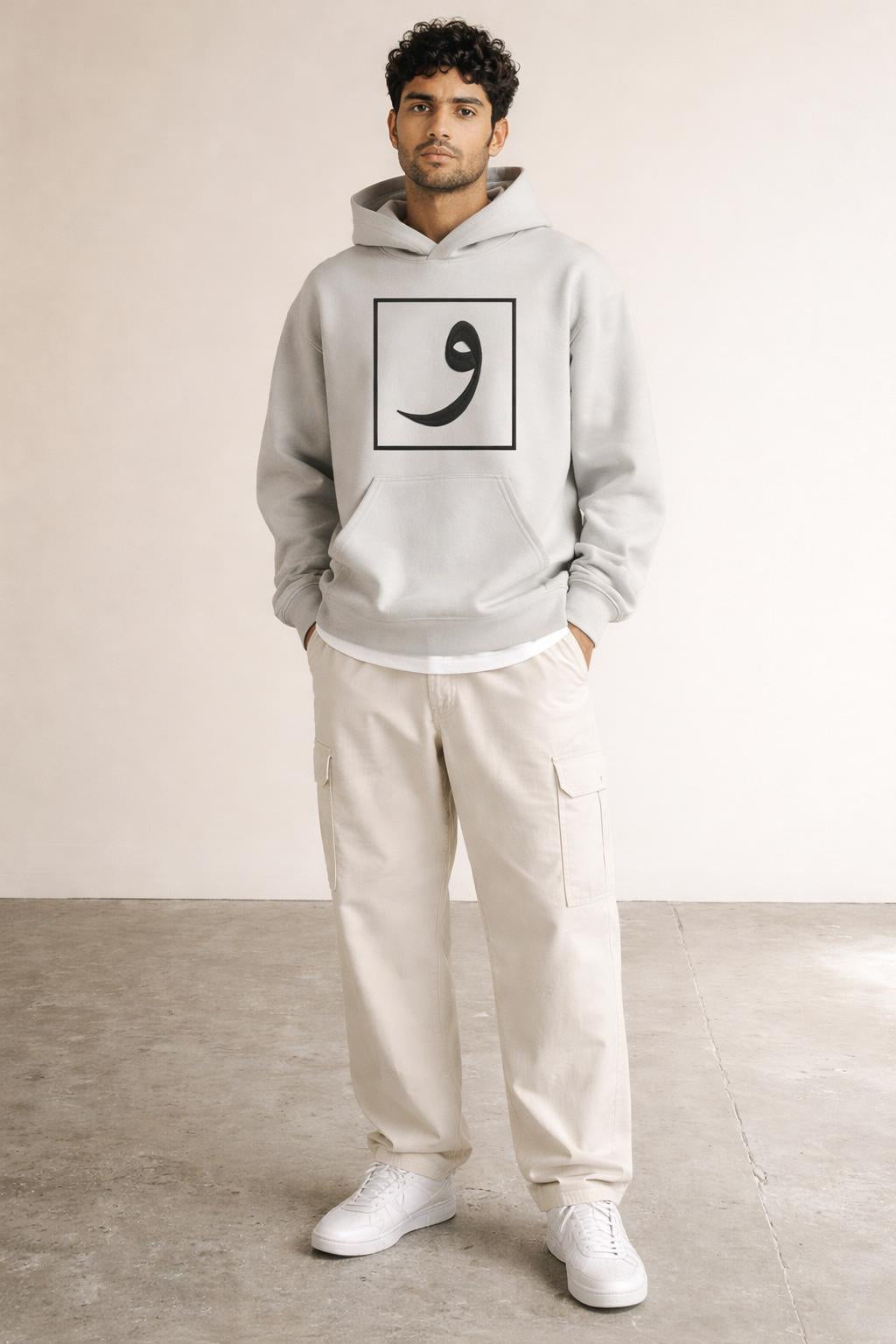 Full body view of the model wearing Box Logo Hoodie White