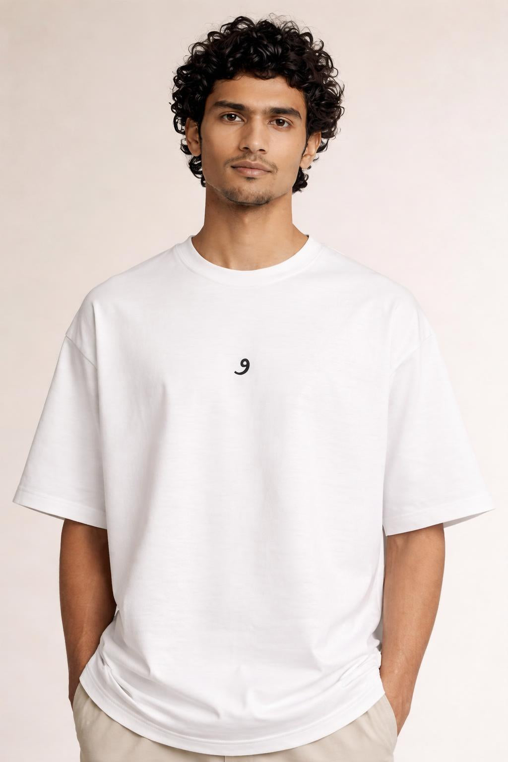 Close-up of the model wearing Mini Logo Tee White