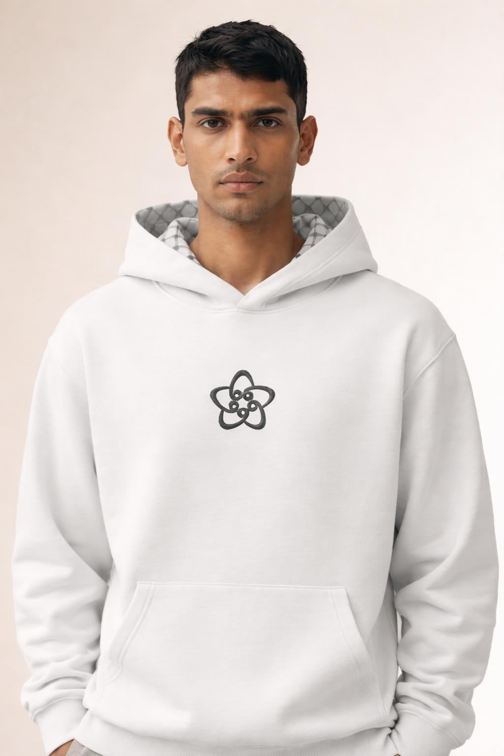 Close-up of the model wearing Keffiyeh Hoodie White