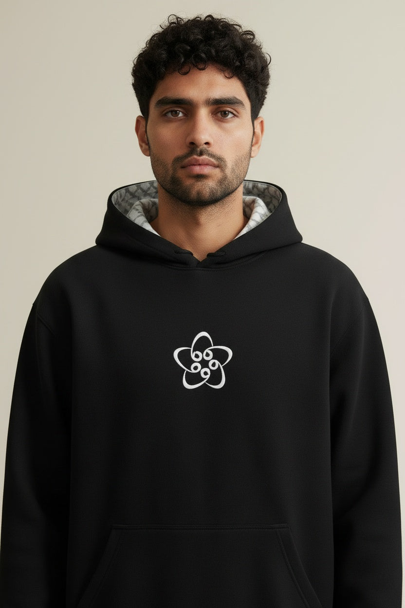 Close-up of the model wearing Keffiyeh Hoodie Black