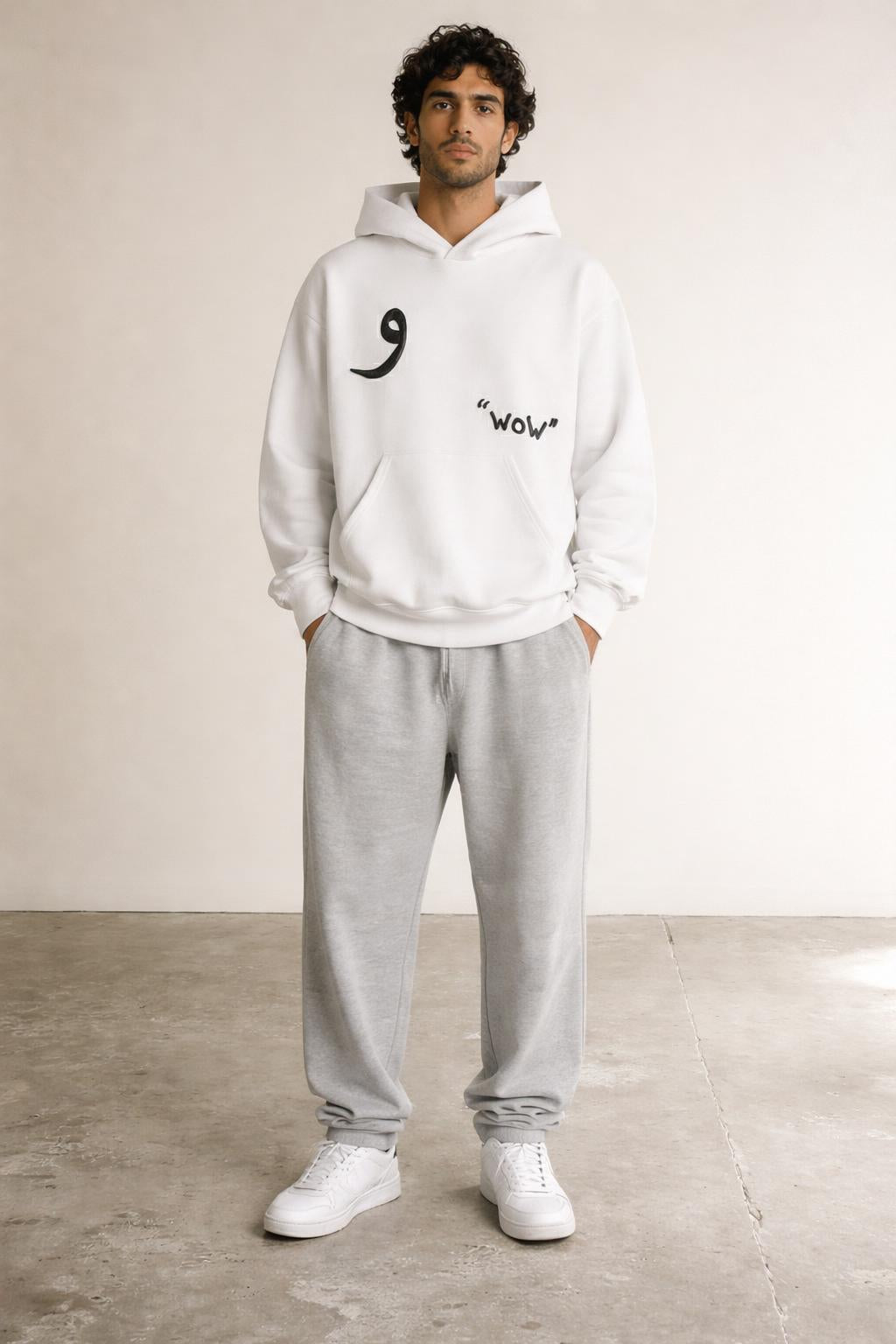 Full body view of the model wearing Classic Hoodie White