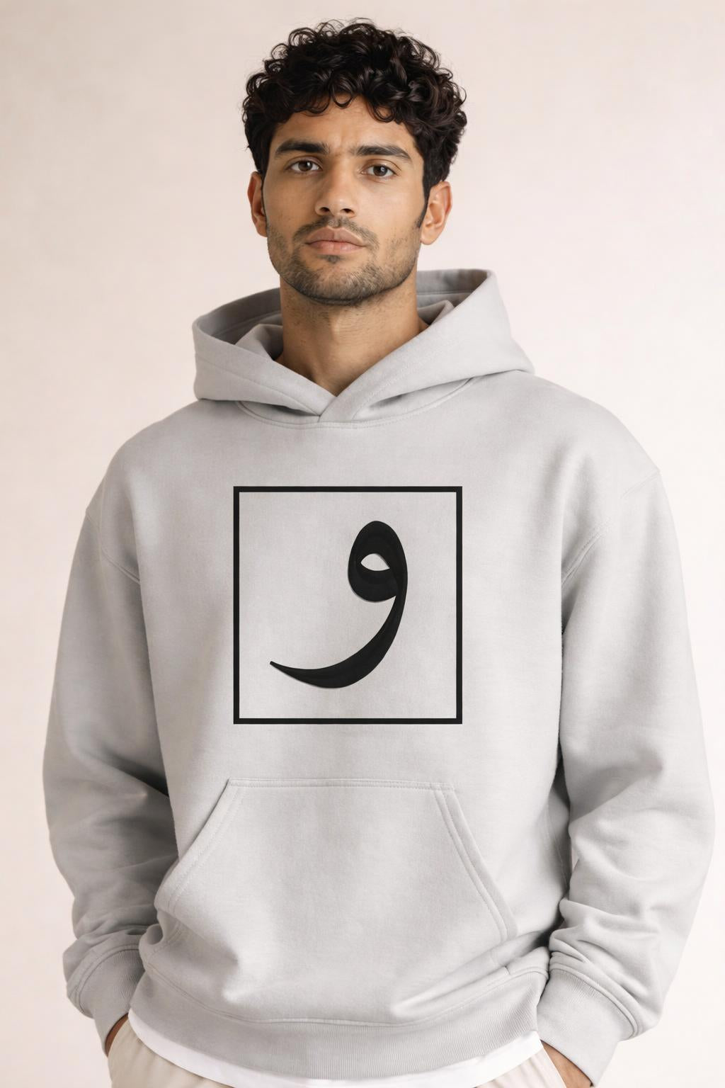 Close-up of the model wearing Box Logo Hoodie White